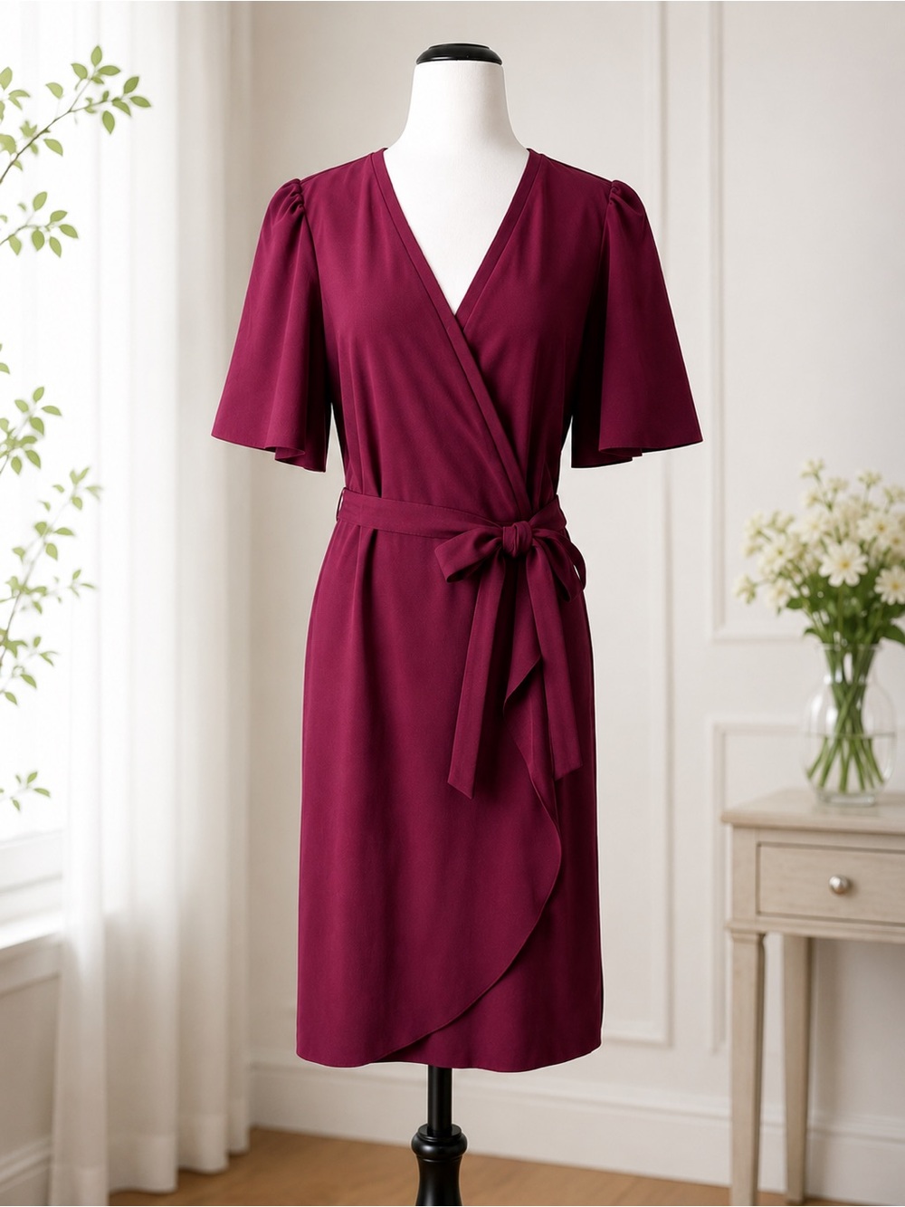 Donna Morgan Faux Wrap Dress Size 14 Berry Magenta Flutter Sleeve Knee Length